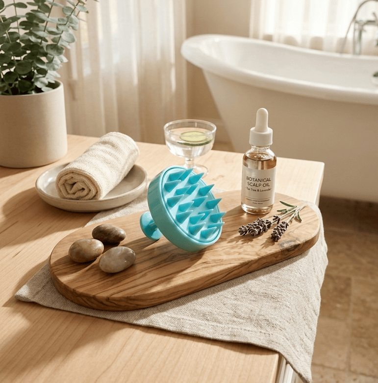 Blue silicone scalp massager brush on a bathroom counter