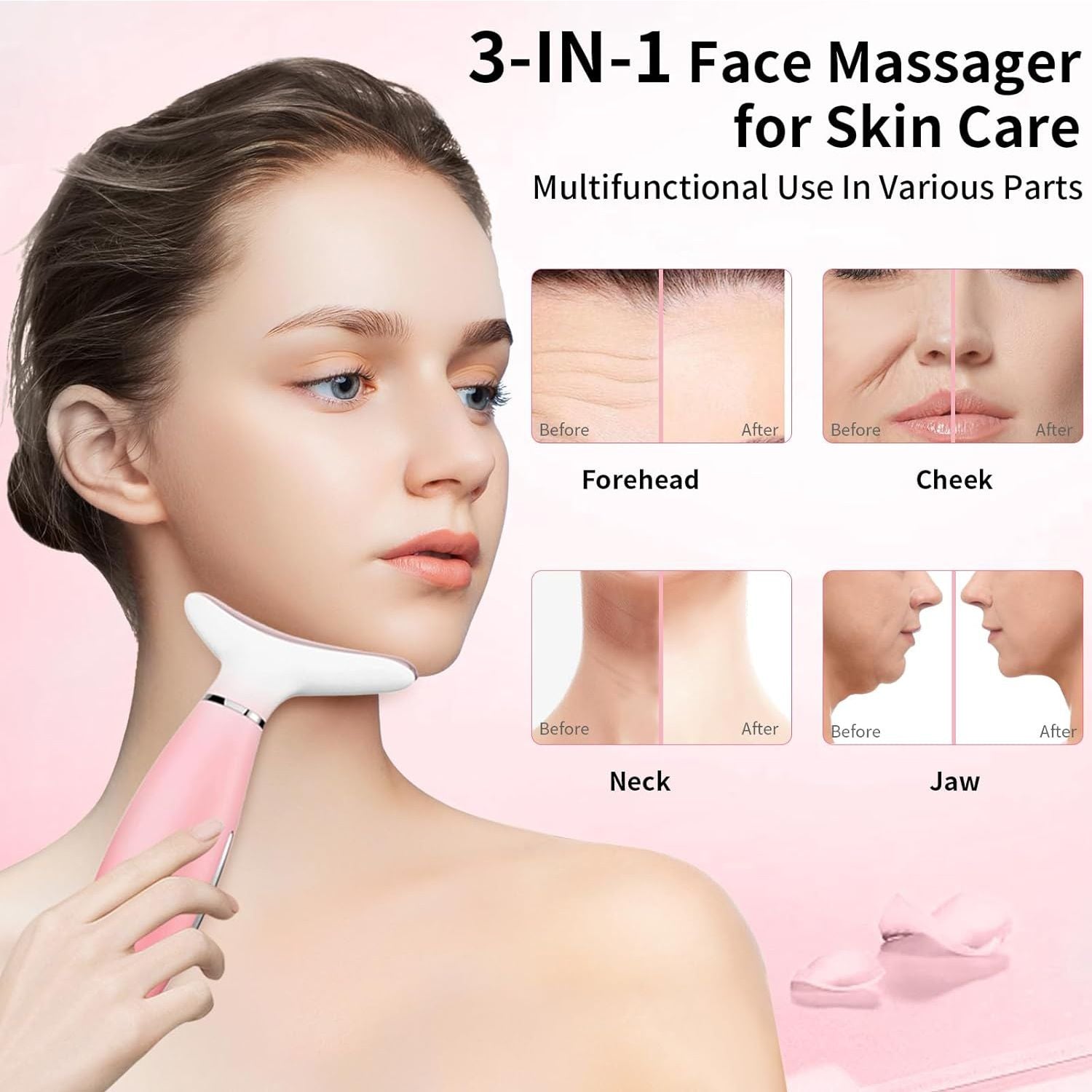Pink 3-in-1 massager used on the face, jawline and neck