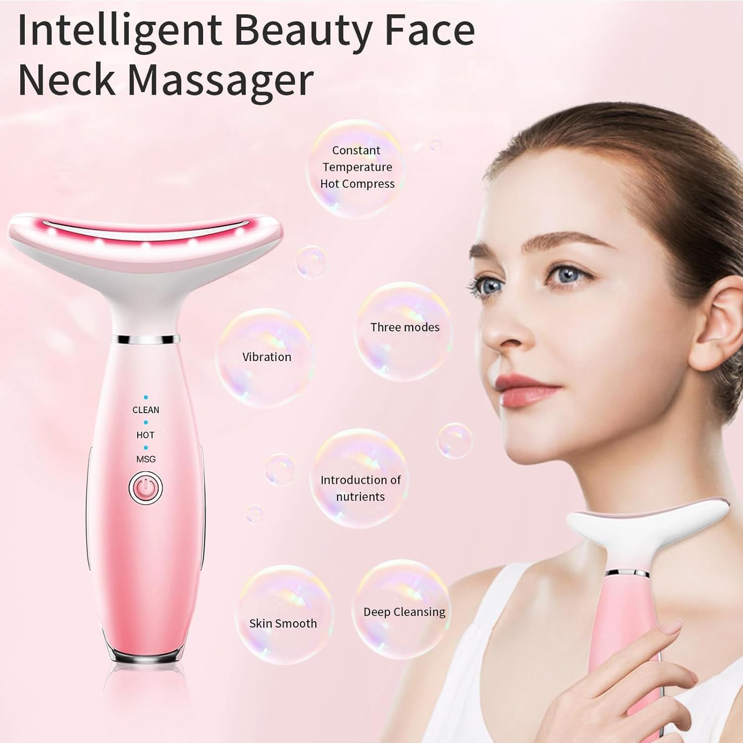 Pink facial massager used along the cheek and jawline