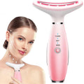 Pink 3-in-1 neck and face massager with woman using it on her neck