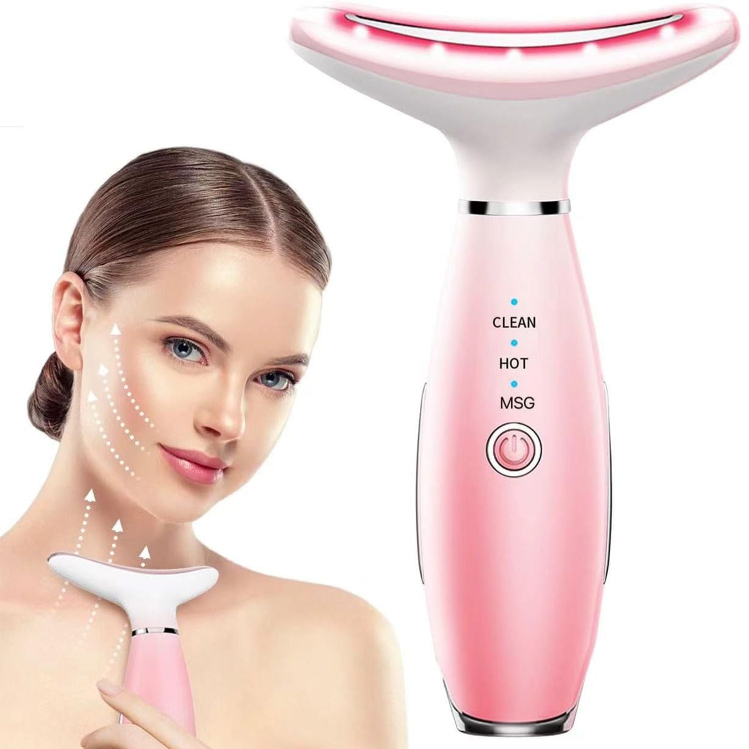 Pink 3-in-1 neck and face massager with woman using it on her neck