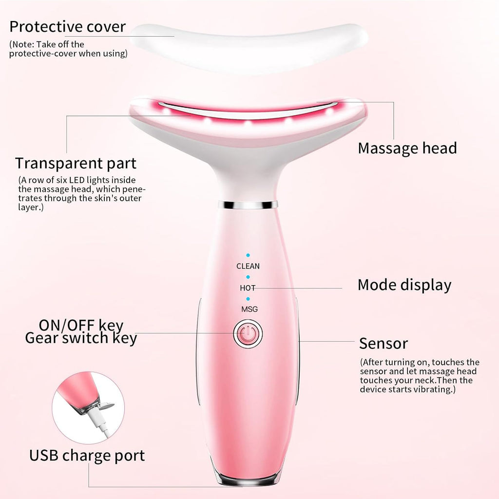 Pink neck and face massager controls and product features