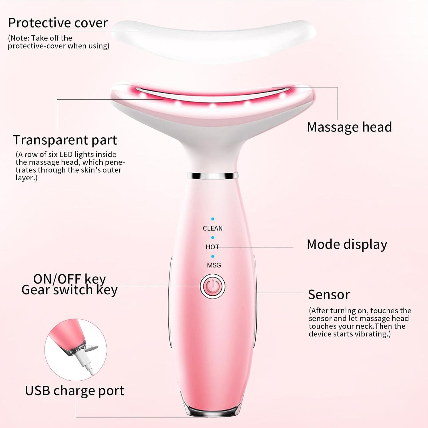 Pink neck and face massager controls and product features