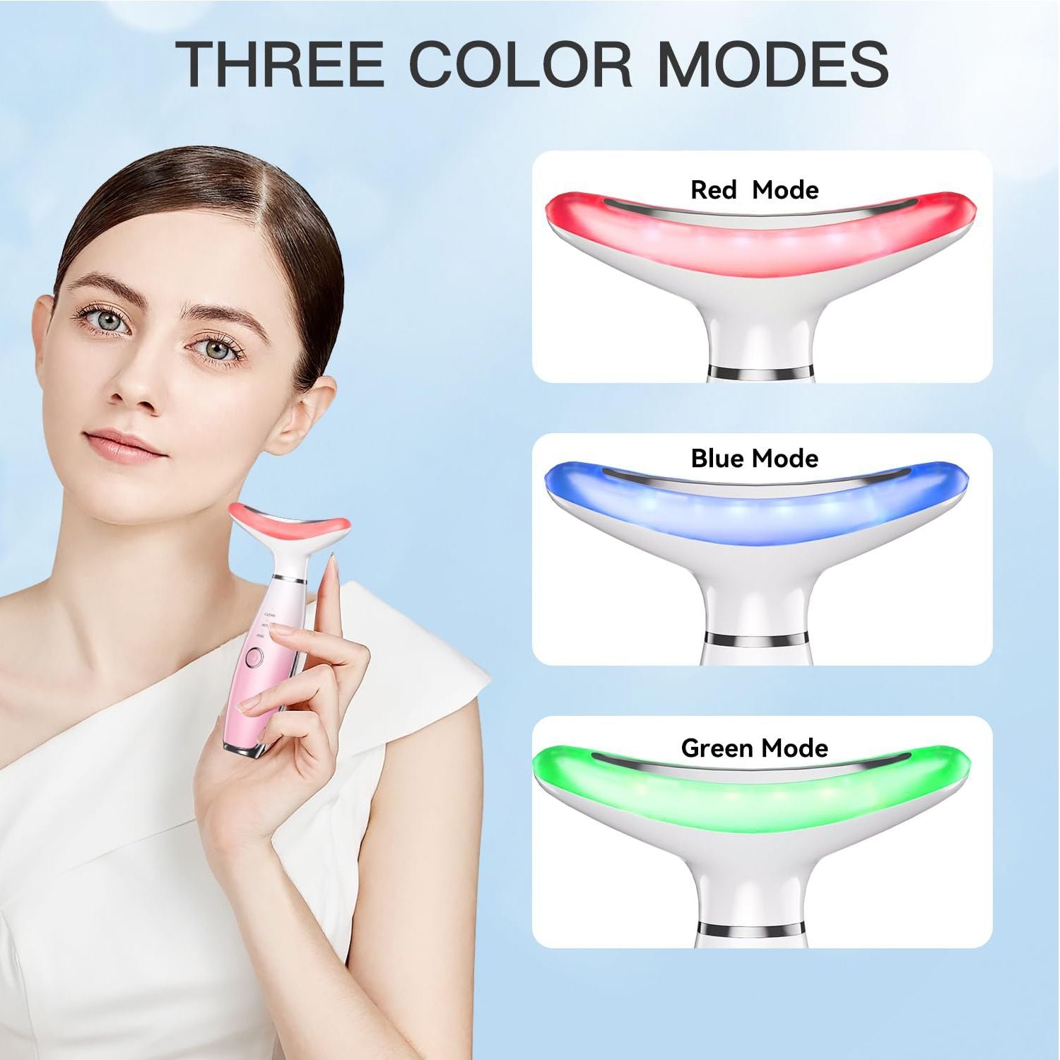 Pink neck and face massager with red, blue and green light modes