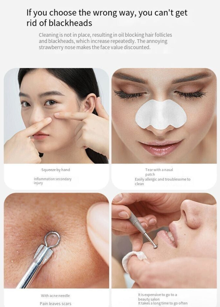 Woman holding a white electric pore vacuum beside her face